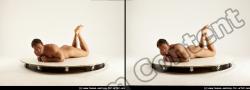 Nude Man White Laying poses - ALL Muscular Short Brown Laying poses - on stomach 3D Stereoscopic poses Realistic